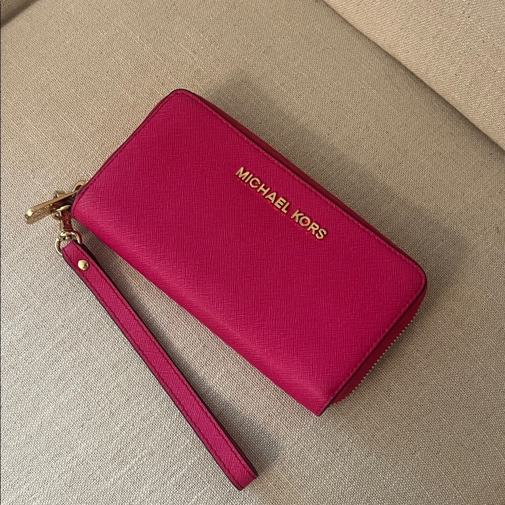 Michael Kors Pink Zip-Around Wristlet with Gold Hardware